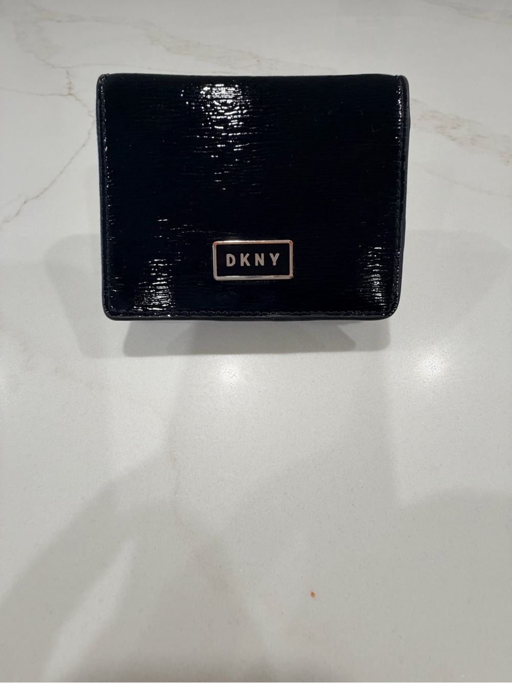 DKNY Glossy Black Patent Mini Wallet with silver Logo